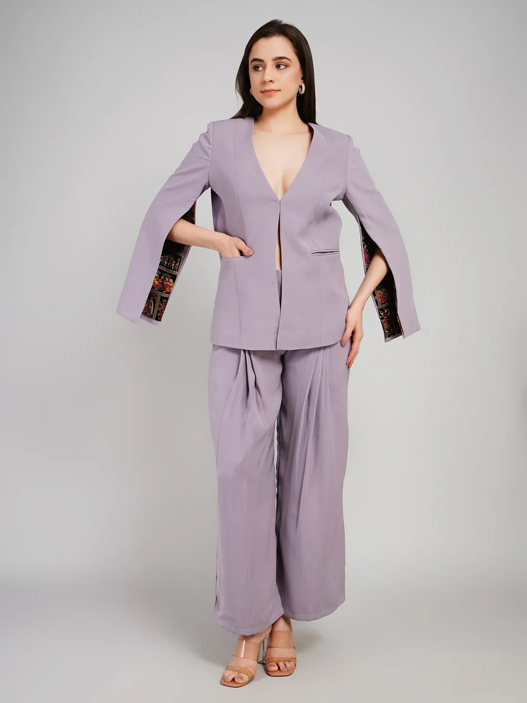 Women Lavender-Grey 2-Piece Co-Ord Set with Cape-Sleeve Blazer & Pleated Pants