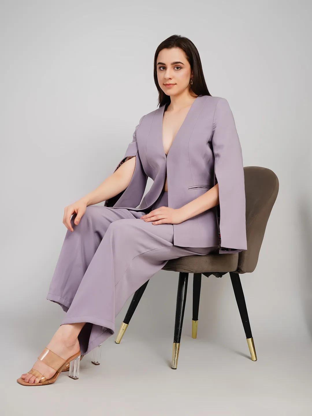 Women Lavender-Grey 2-Piece Co-Ord Set with Cape-Sleeve Blazer & Pleated Pants