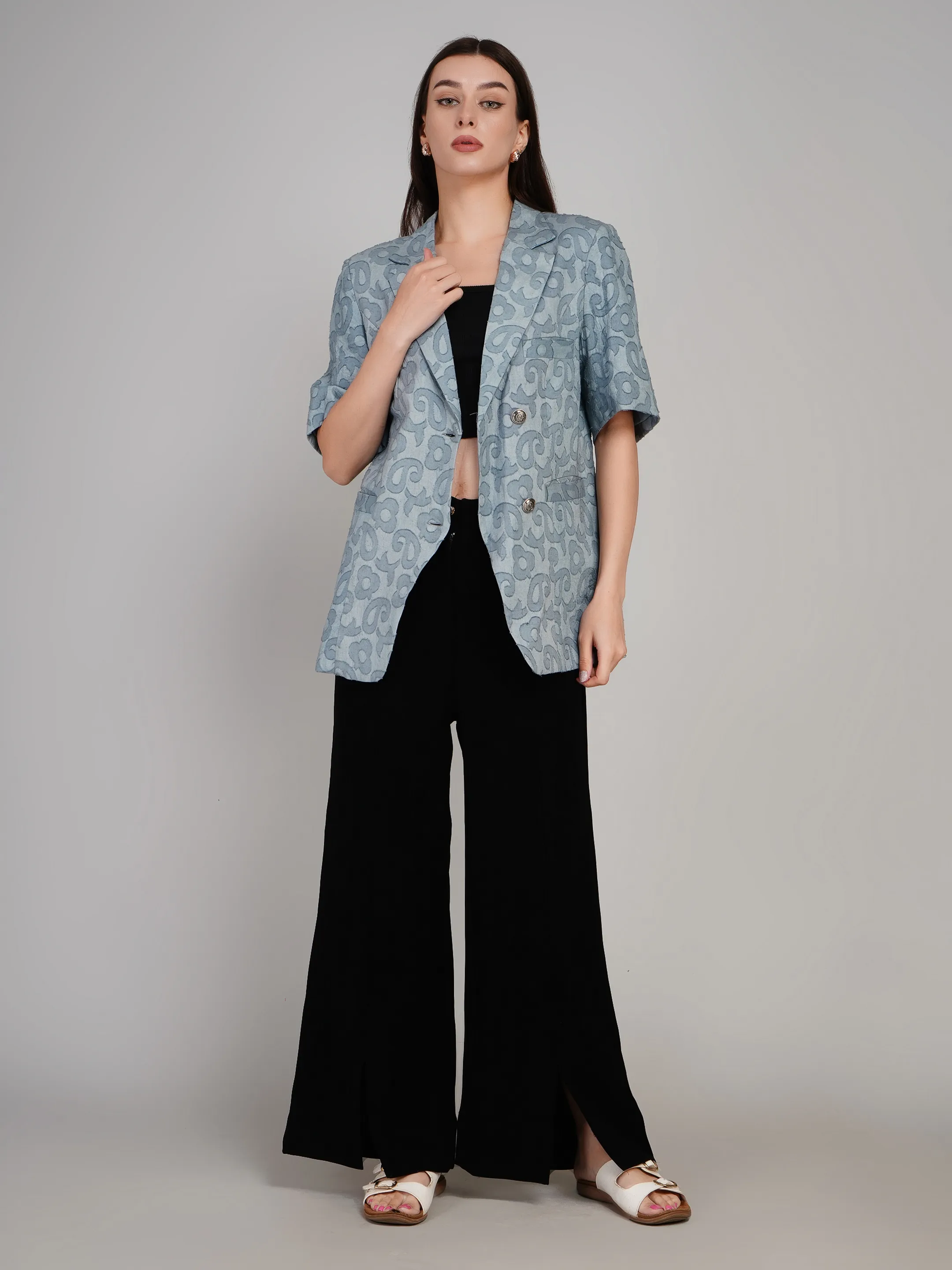 Women Pastel Blue Textured Tailored Blazer with Notch Lapel