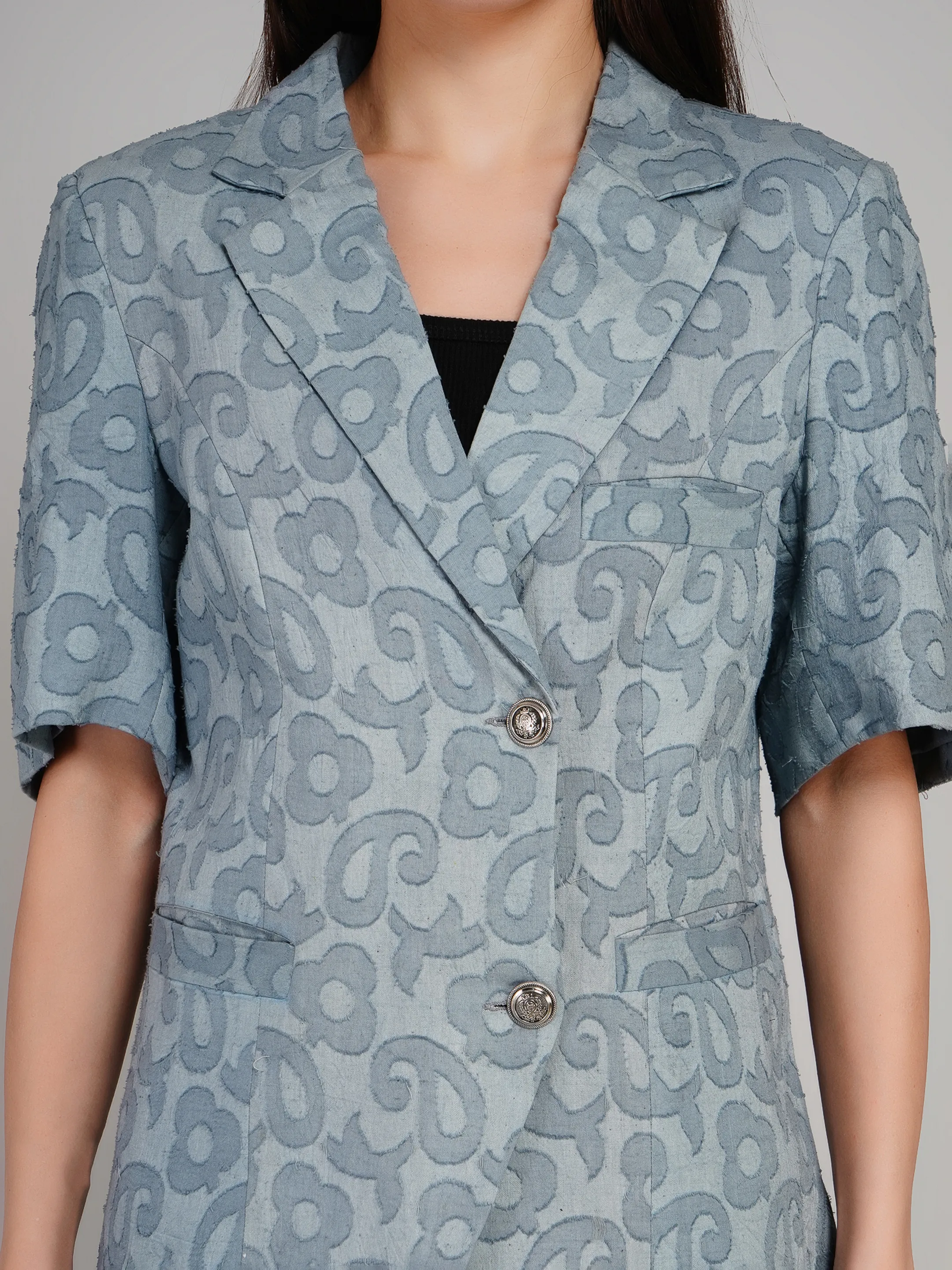 Women Pastel Blue Textured Tailored Blazer with Notch Lapel