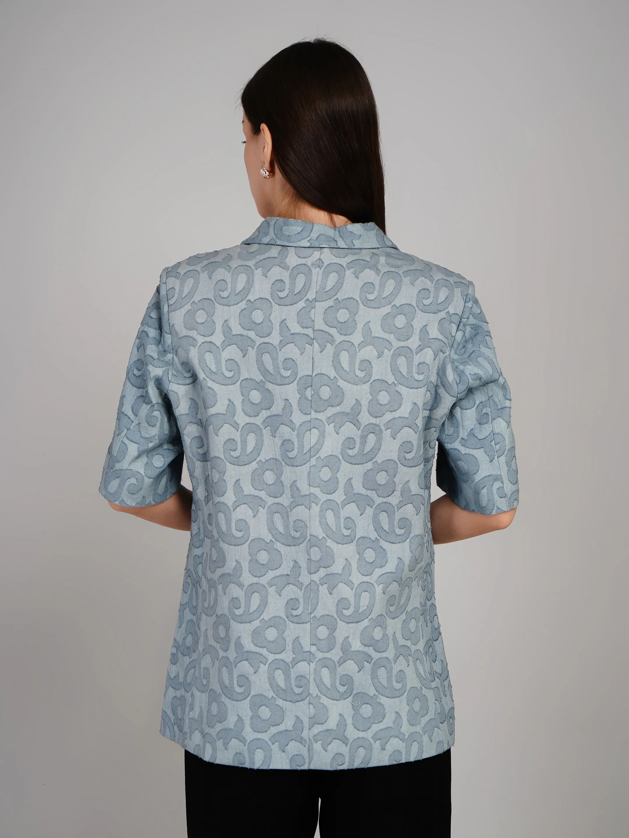 Women Pastel Blue Textured Tailored Blazer with Notch Lapel