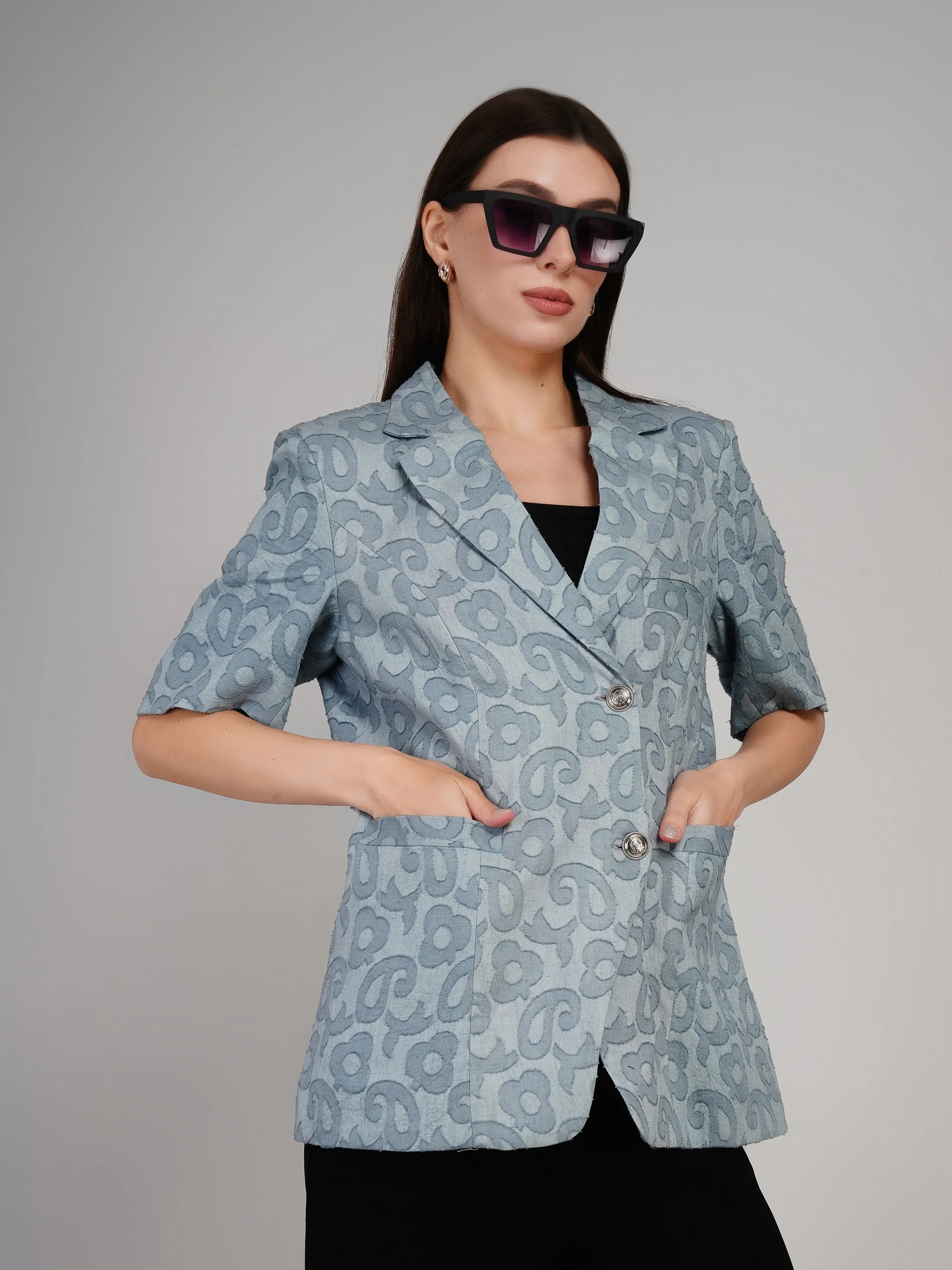 Women Pastel Blue Textured Tailored Blazer with Notch Lapel